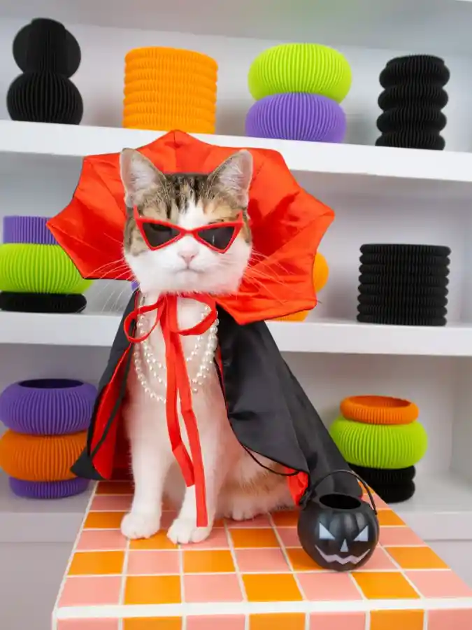 Dracula Cape with Cat-Eye Sunglasses and Pearls on a Calico Cat