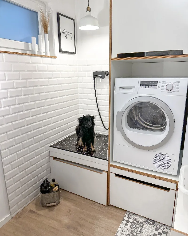Elevated Beveled Subway Tile Nook with Plywood Edge Cabinetry