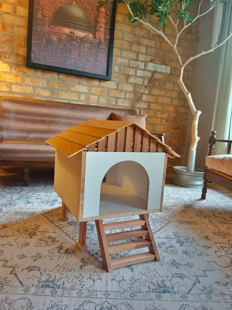 Elevated Tropical Hardwood Cat Stilt House with Woven Shingle Roof and Miniature Ladder