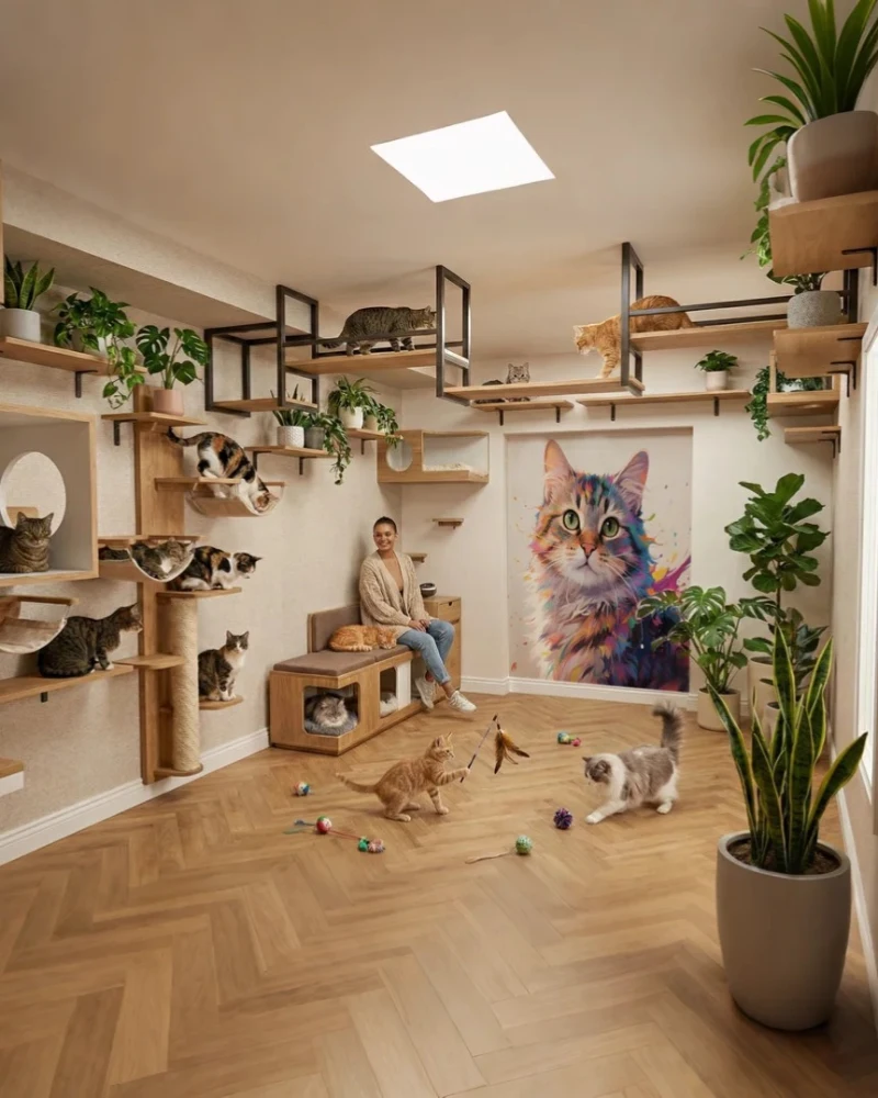 Elevated Wall Shelves and Geometric Cat Highway