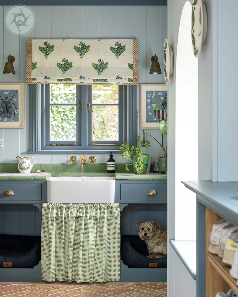 English Country Dog Station with Slate Blue Cabinetry and Integrated Under-Sink Pet Beds