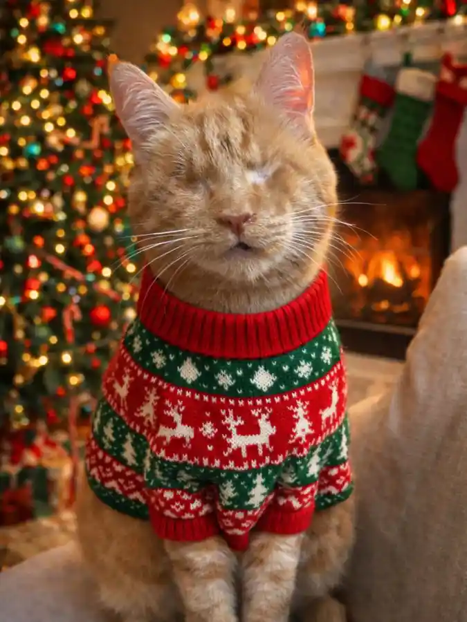 Fair Isle Knit Reindeer Sweater on an Orange Tabby Cat