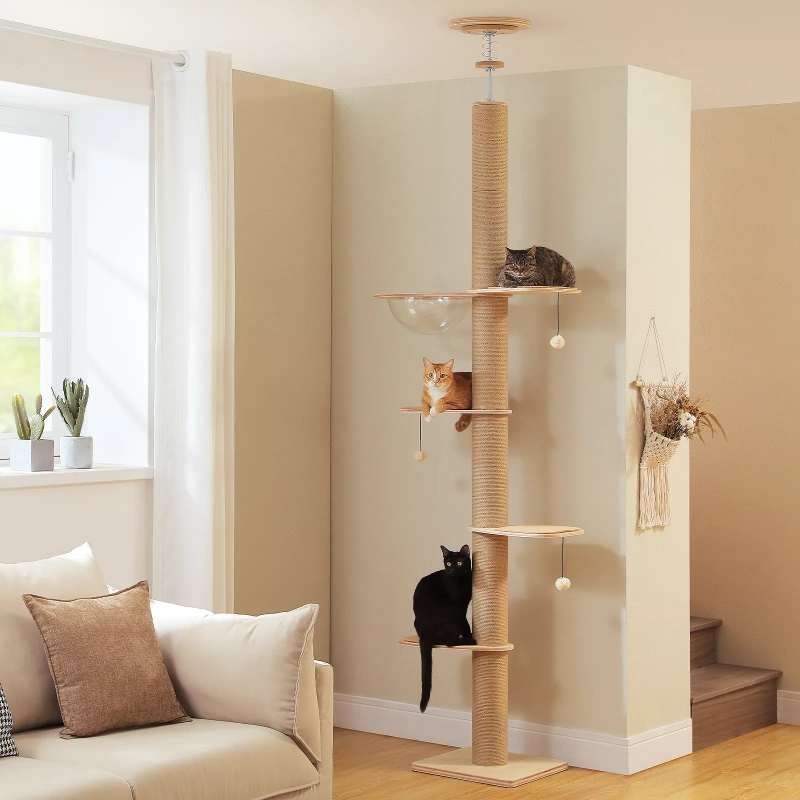 Floor-to-Ceiling Tension Post with Wooden Platforms