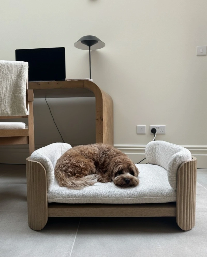 Fluted Wood Chaise with BouclΓ© Cushion in a Home Office