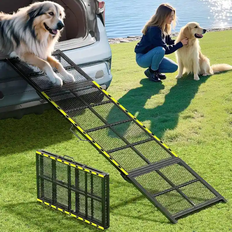 Folding Black Metal Mesh Vehicle Ramp with Yellow Safety Borders