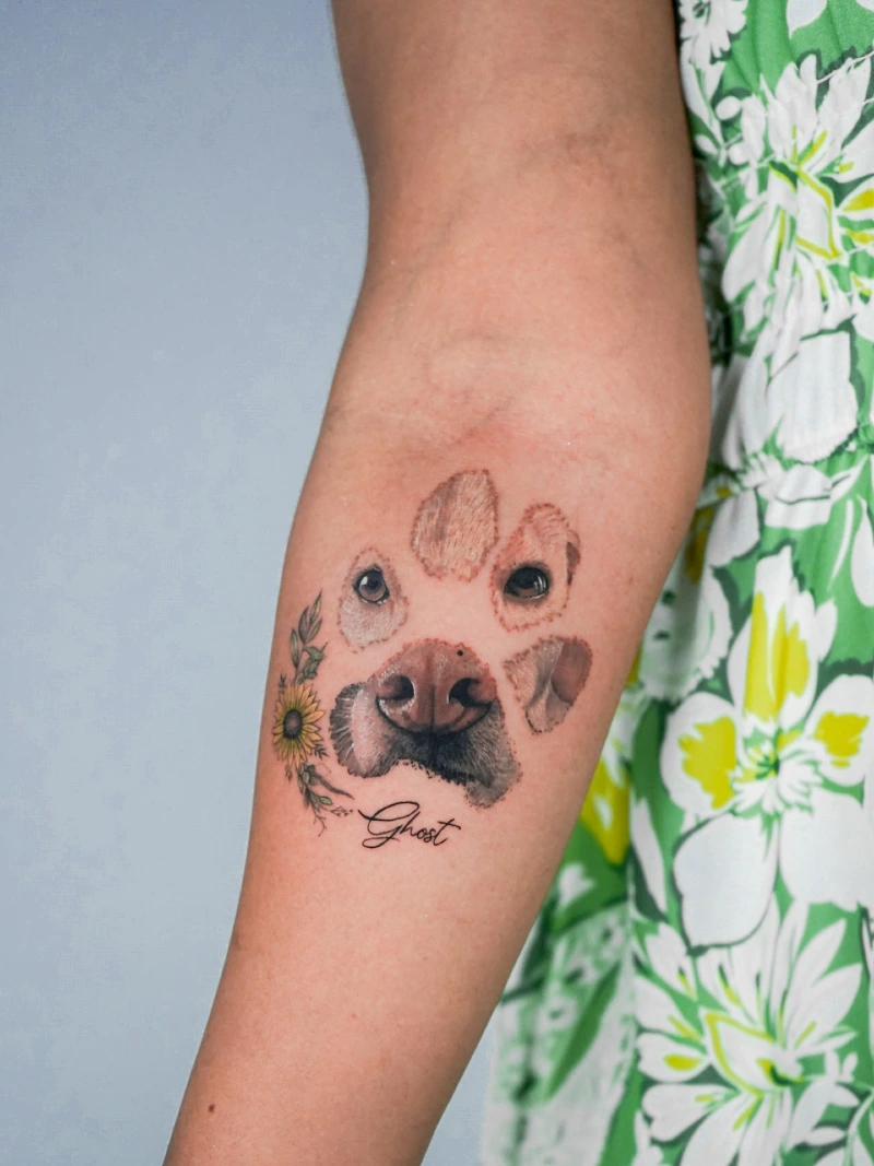 Full-Color Micro-Realism Dog Portrait inside Negative-Space Paw Print