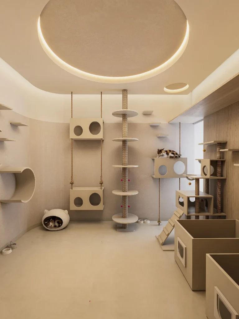 Futuristic Curved Ceiling Nook with Floating Rope Pods