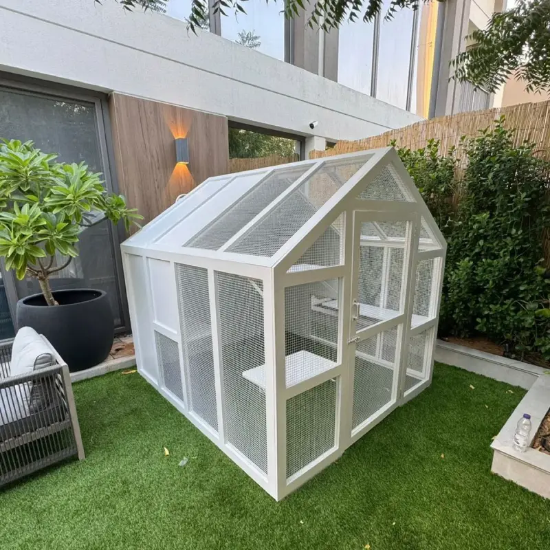 Gabled White Walk-In Catio with Built-In Perches