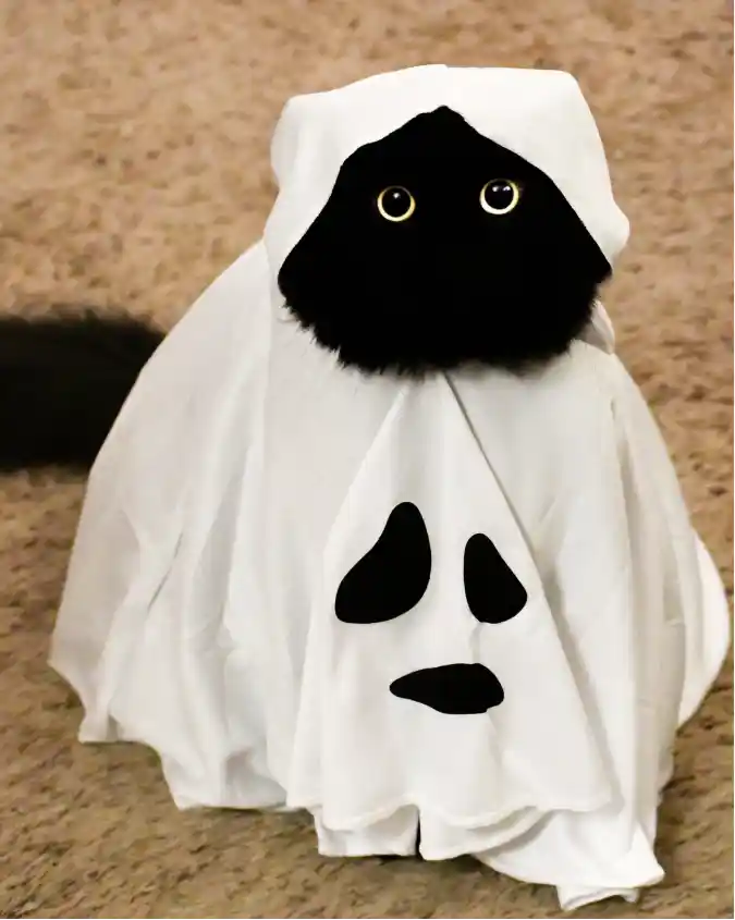 Ghost Sheet Cape with Hood on a Fluffy Black Cat