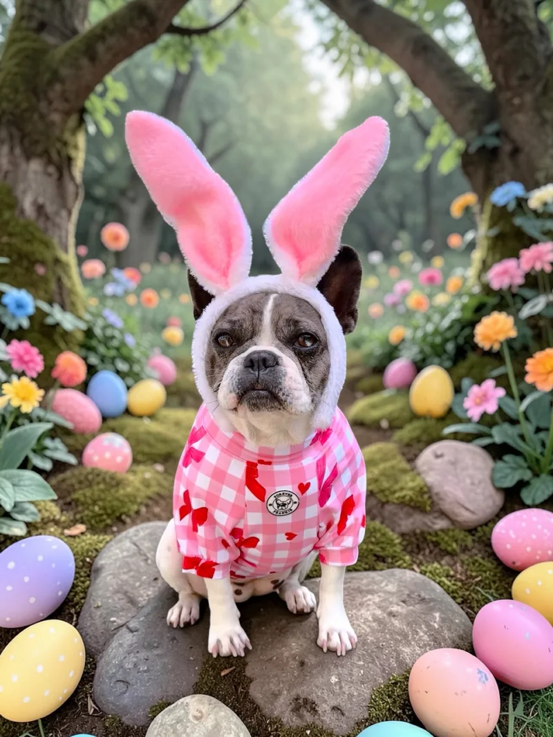 Gingham Print Shirt and Plush Bunny Ears on a French Bulldog