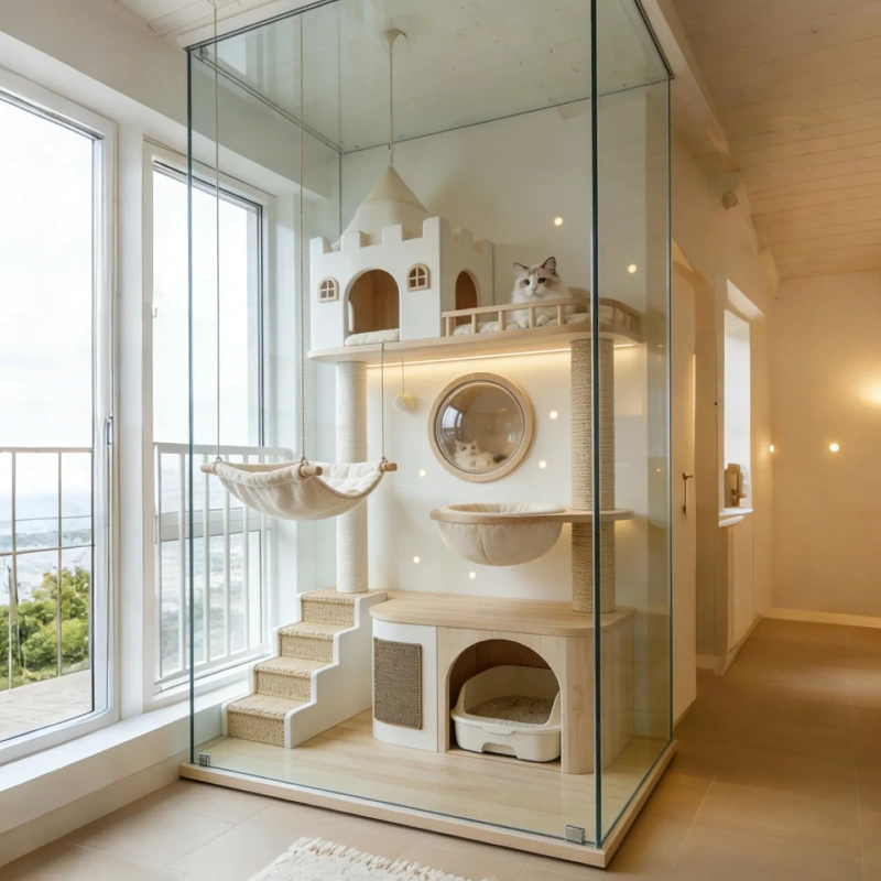Glass-Enclosed Luxury Castle Villa with Built-In Litter Station