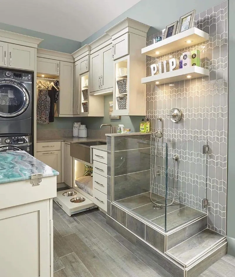 Glass-Paneled Tile Shower with Built-In Pet Den