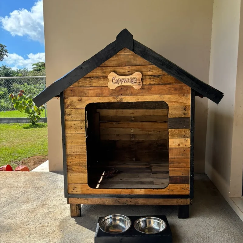 Golden Oak Reclaimed Pallet Kennel with Matte Black Trim and Personalized Bone Plaque