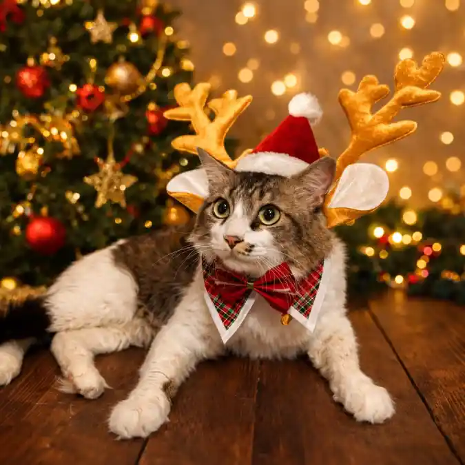 Golden Reindeer Antler Headband and Plaid Bow Tie on a Tabby Cat