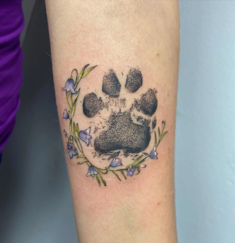 Granular Ink-Stamp Paw Print Cradled by Bluebell Vines