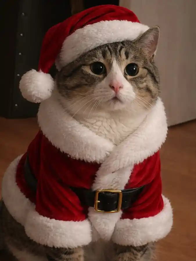 Heavy Velvet Santa Coat with Thick Sherpa Collar on a Tabby Cat