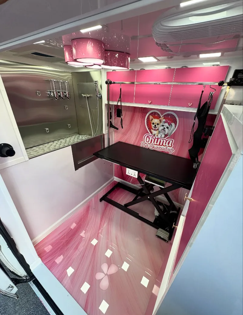 High-Gloss Pink Marble-Effect Mobile Grooming Suite with Stainless Steel Wet Station