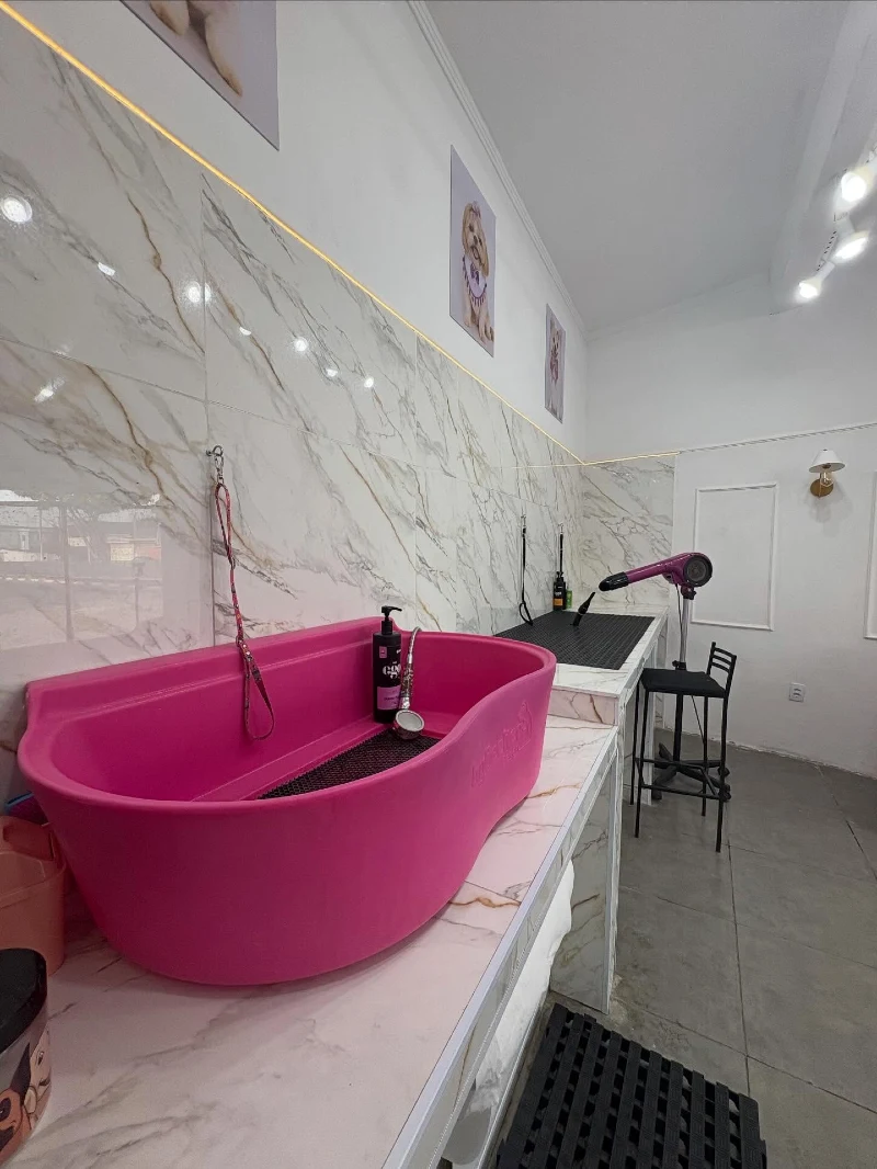 Hot Pink Freestanding Pet Tub with Veined Marble Countertop and Backsplash
