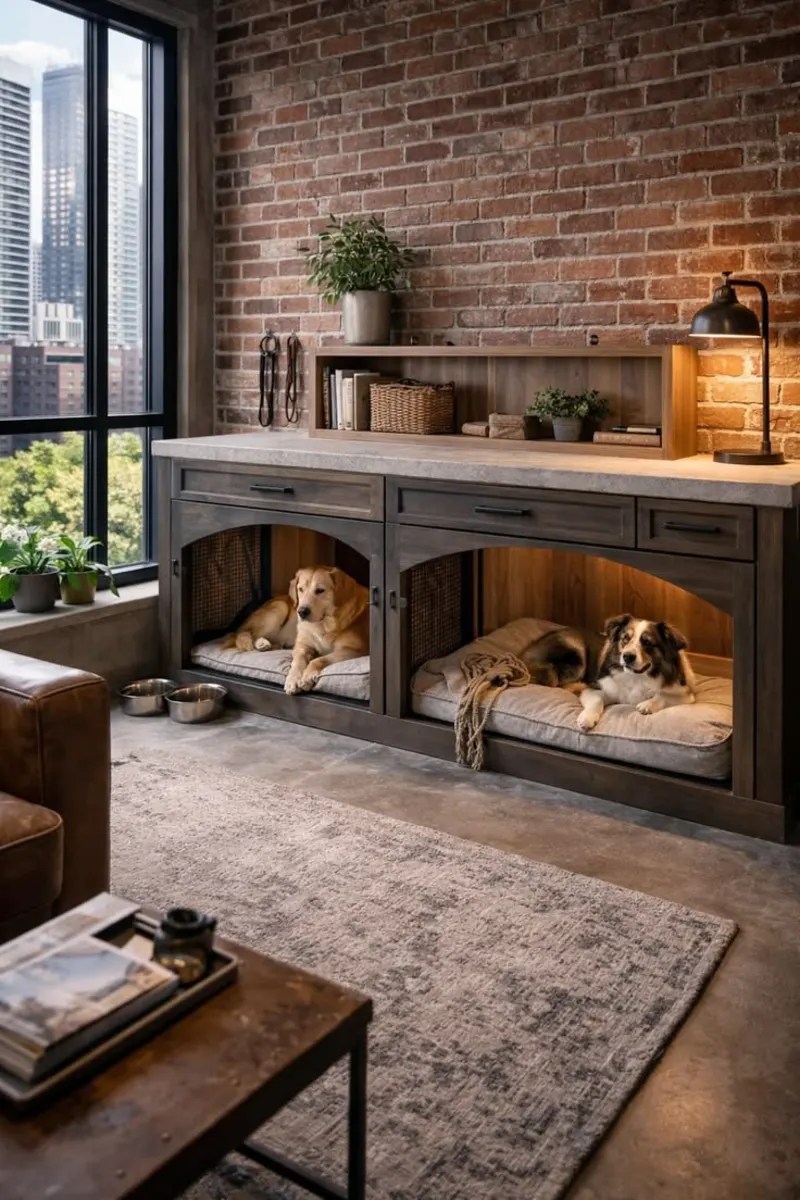 Industrial Loft Dog Sideboard with Arched Nooks and Exposed Brick Backdrop