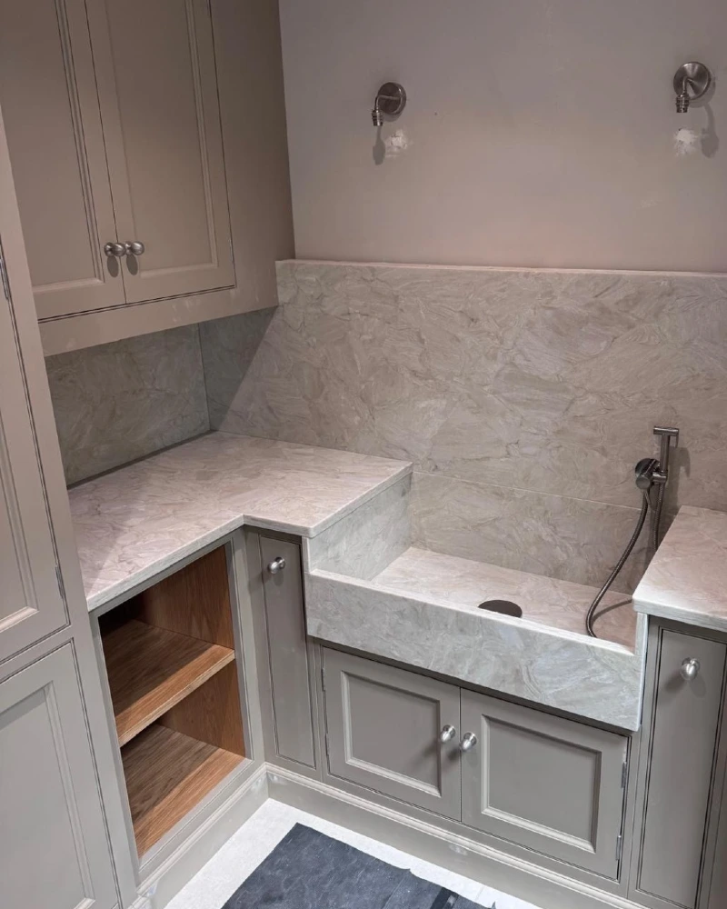 Integrated Stone Apron Sink Station with Taupe Cabinetry
