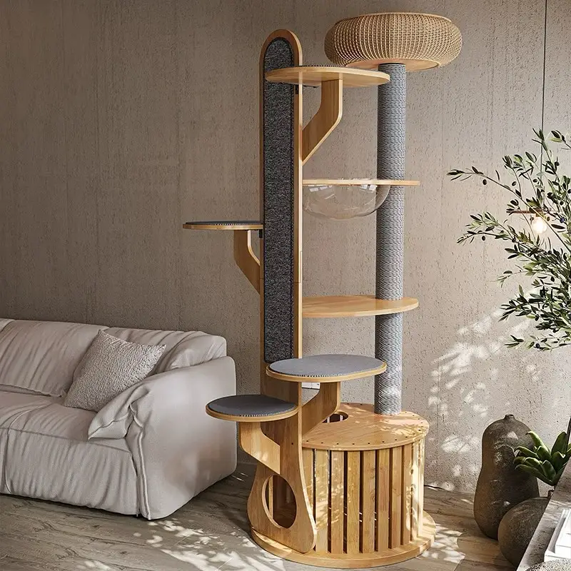 Japandi Plywood Tower with Slatted Base and Grey Felt Inlays
