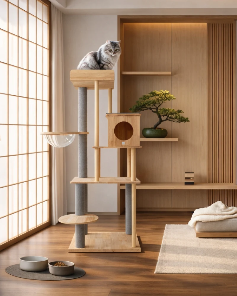 Japandi Wood Climbing Tree with Clear Acrylic Bowl
