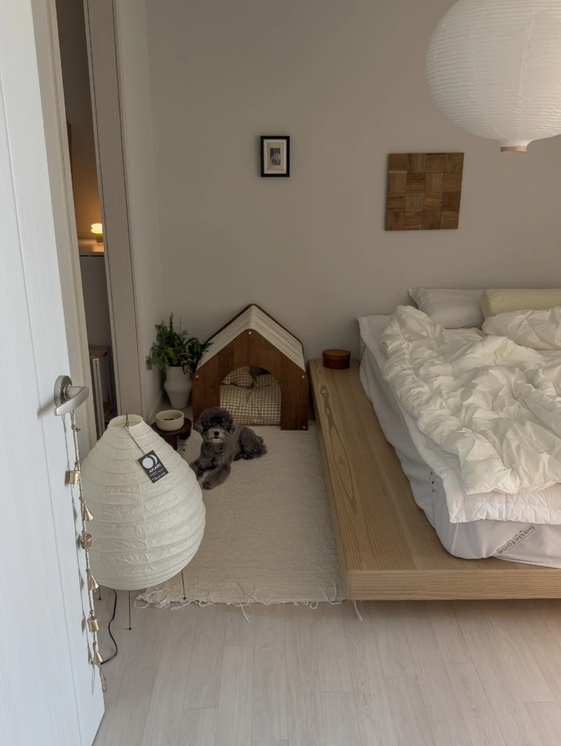 Japandi Wooden Gabled Pet House with Gingham Cushion Bed
