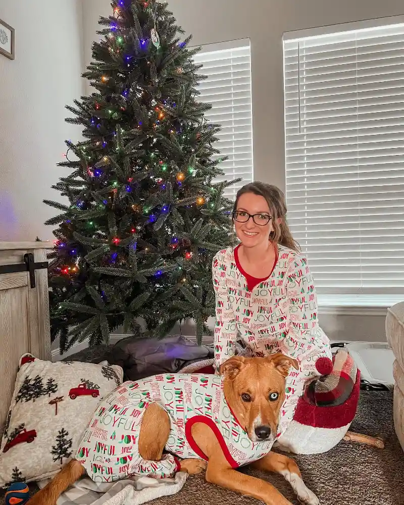 Joyful Text Print Matching Pajama Set on a Tan Mixed Breed with Heterochromia