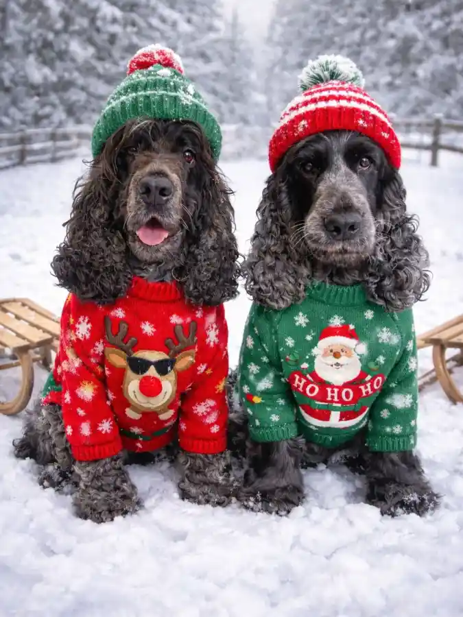 Knitted Reindeer and Santa Sweaters with Pom-Pom Beanies on Two Cocker Spaniels