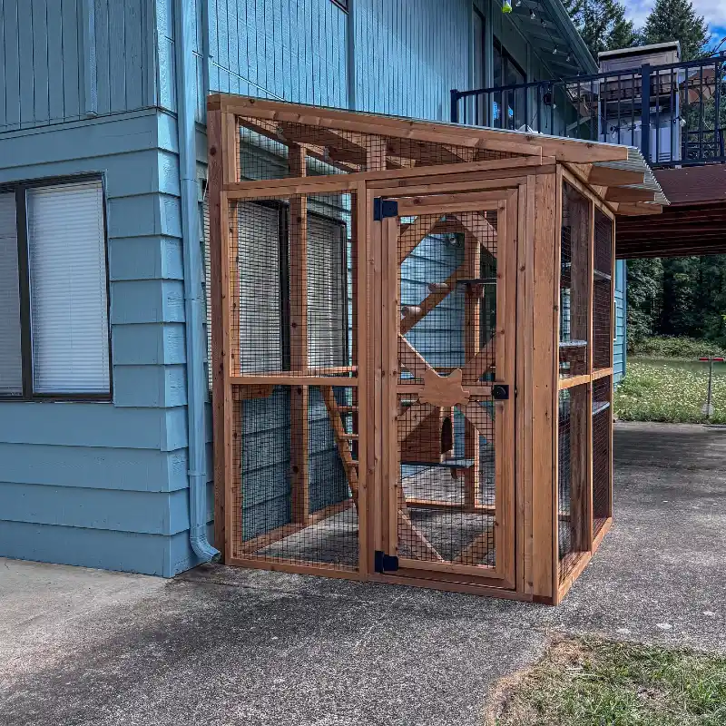 Large Walk-In Wooden Catio with Wire Mesh Screening and Sloped Roof