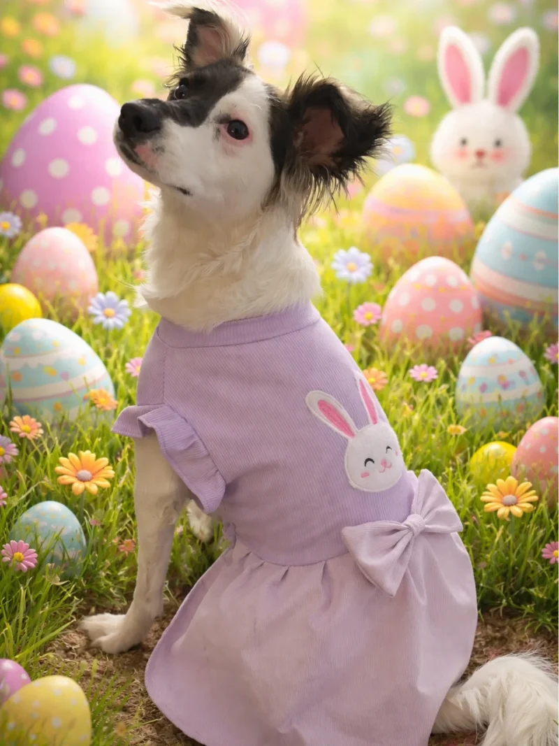 Lavender Ruffled Dress with Bunny Patch on a Mixed Breed Dog