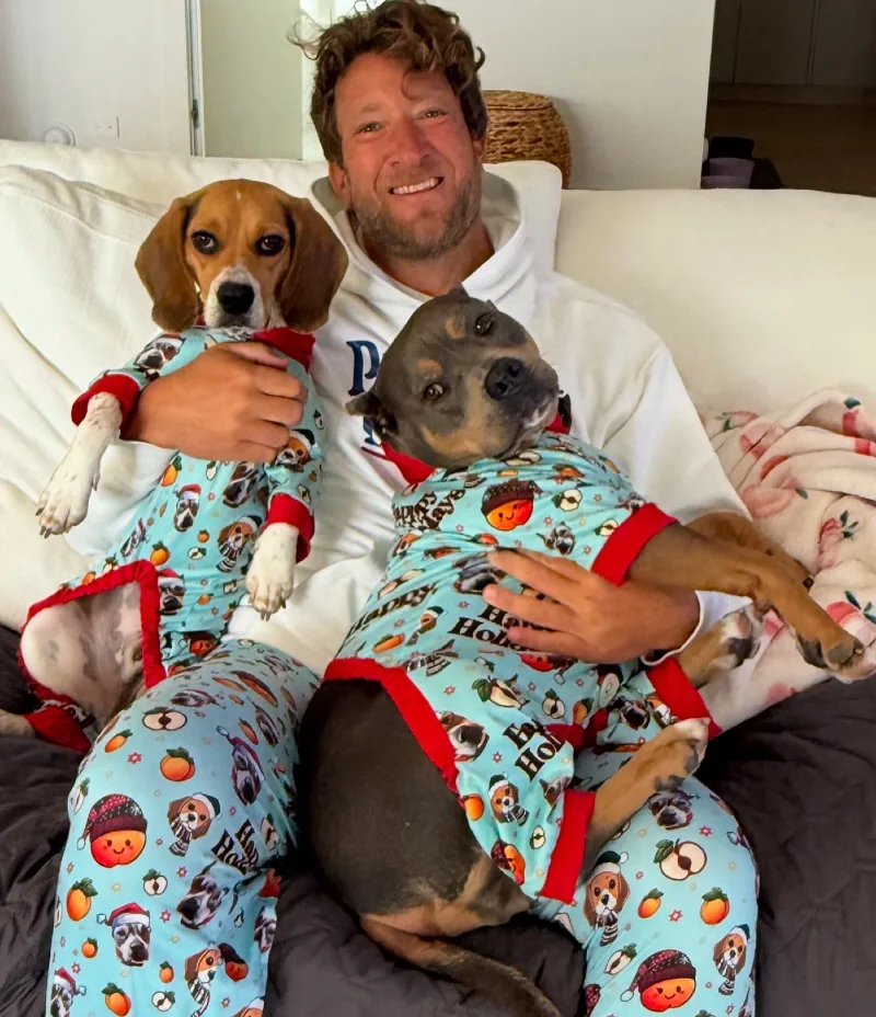 Light Blue Family Matching Pajamas on a Beagle and a Pit Bull Mix