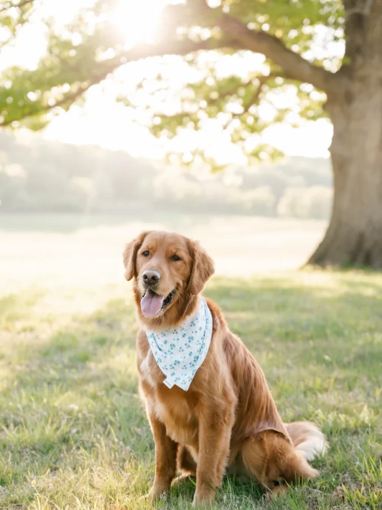 Light Blue Patterned Bandana on a Golden Retriever in a Sunny Park