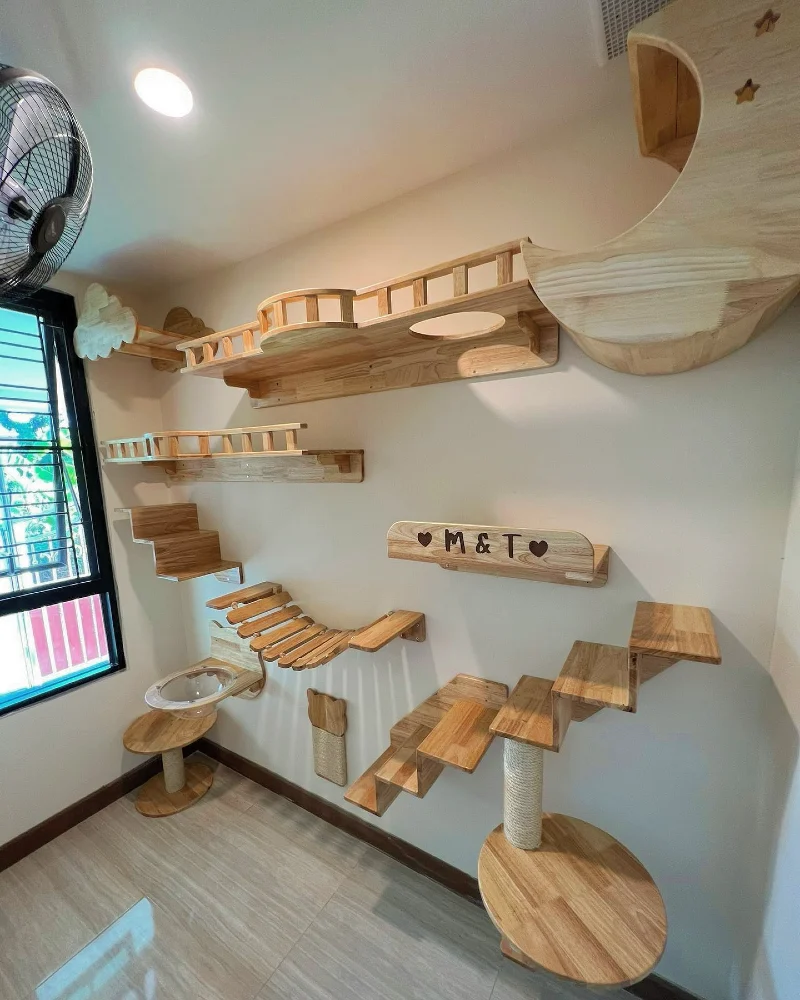 Light Pine Suspension Bridges, Moon Shelves, and Zig-Zag Staircases over Neutral Floors