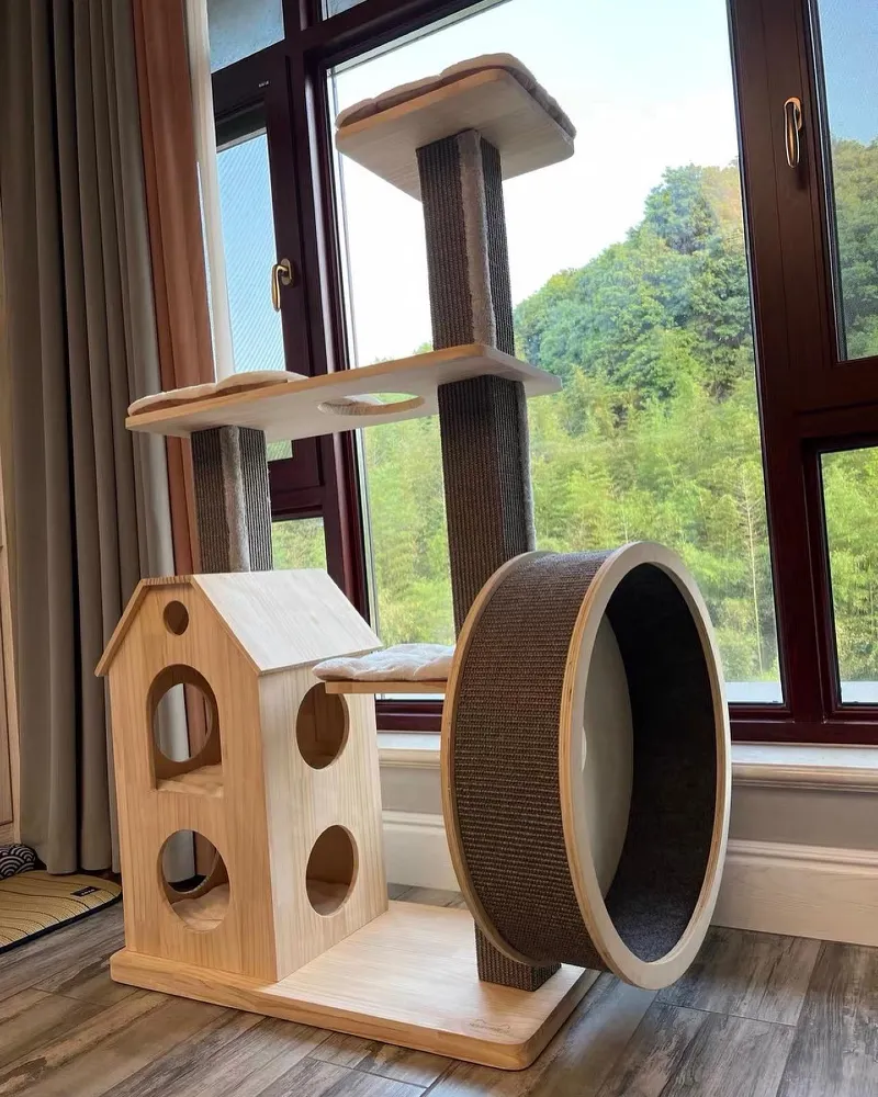 Light Wood Cat Tree with Built-In Two-Story Playhouse and Large Exercise Wheel