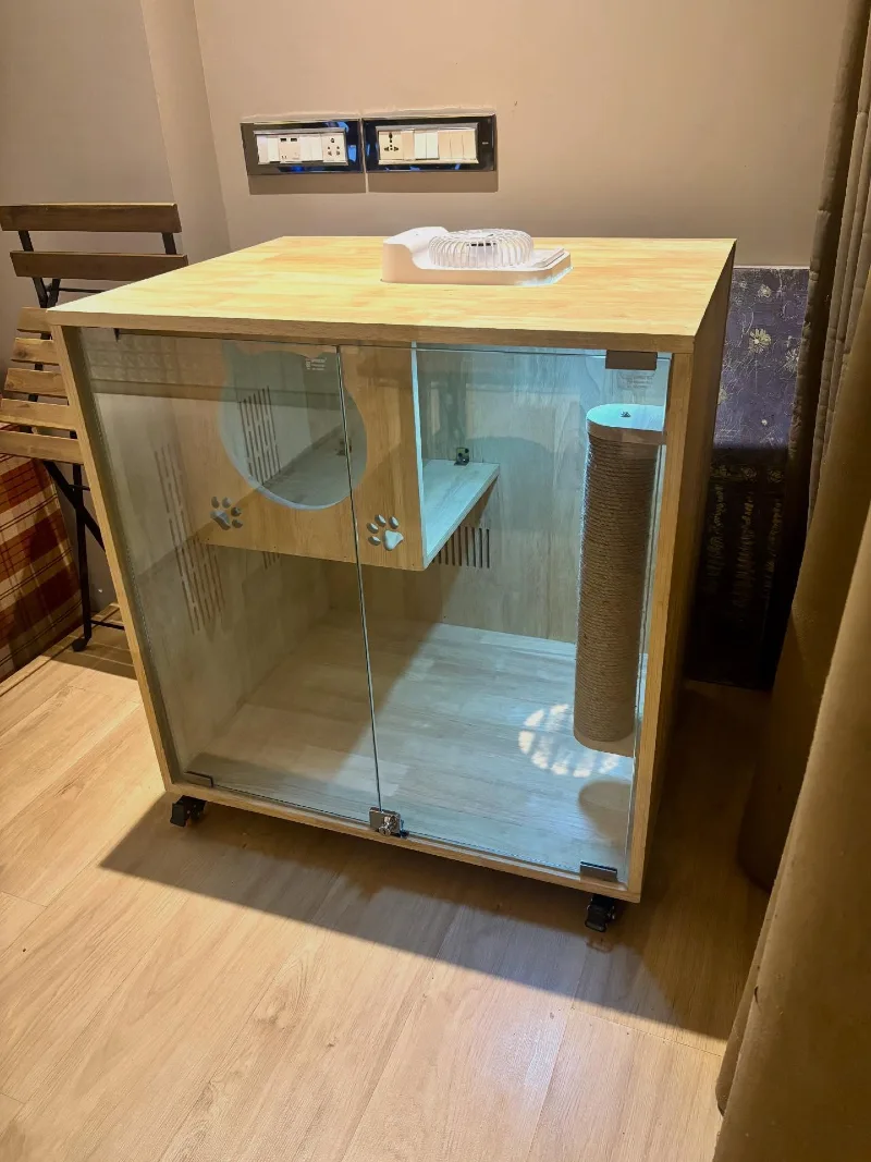 Light Wood Mobile Cat Cabinet with Sliding Glass Doors and Sisal Scratching Post