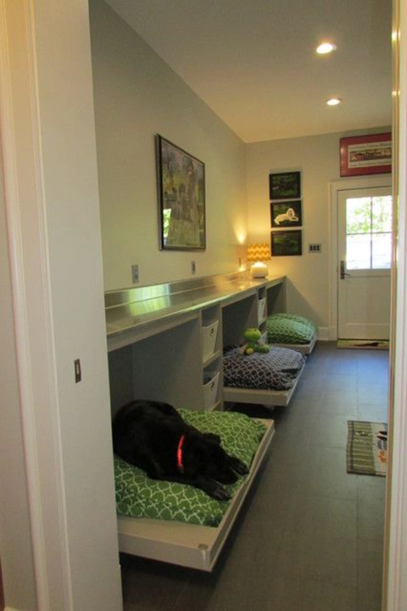 Long Mudroom Utility Counter with Rolling Elevated Dog Beds and Patterned Cushions