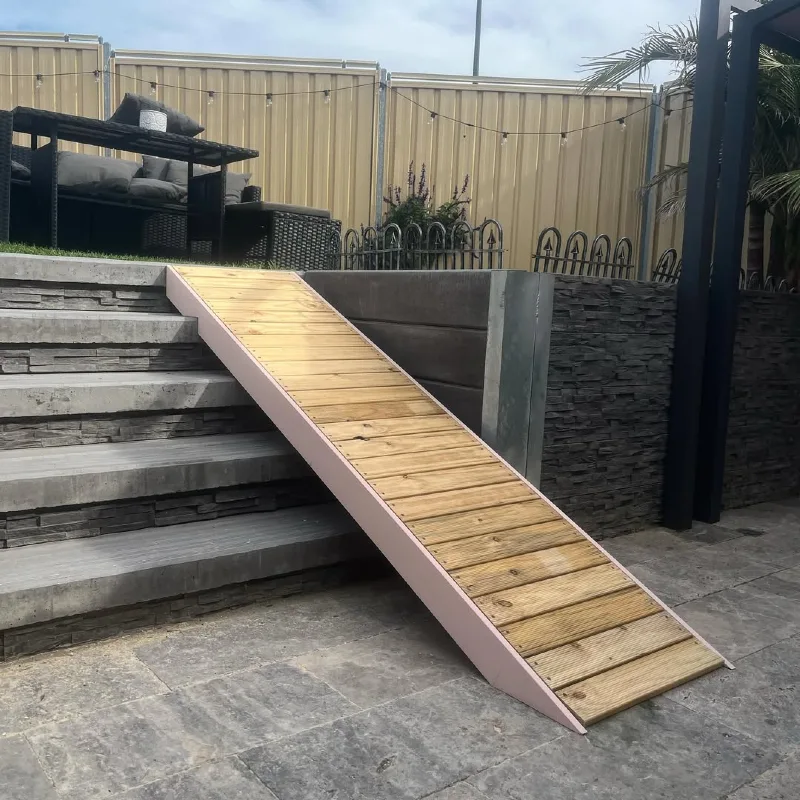 Long Slatted Timber Patio Ramp with Pale Pink Side Trim