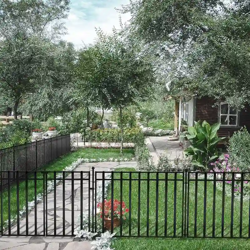 Low Black Metal Picket Fence with Flagstone Path and Brick Cottage