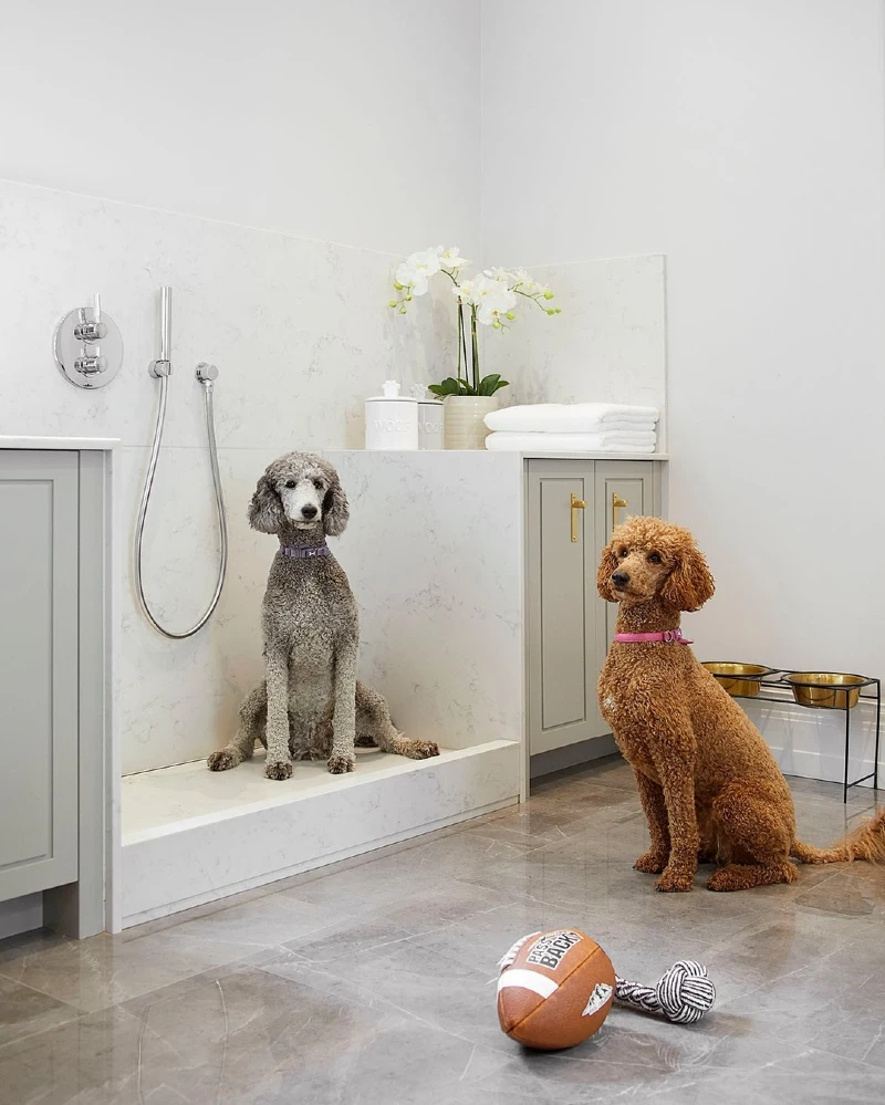 Low-Profile Marble Slab Station with Sage Cabinetry