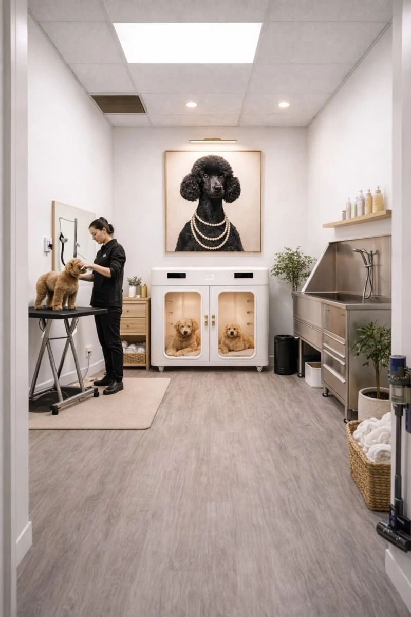 Luxury Dog Spa Suite with Stainless Steel Wash Tub, Modern White Holding Kennels, and Oversized Poodle Portrait