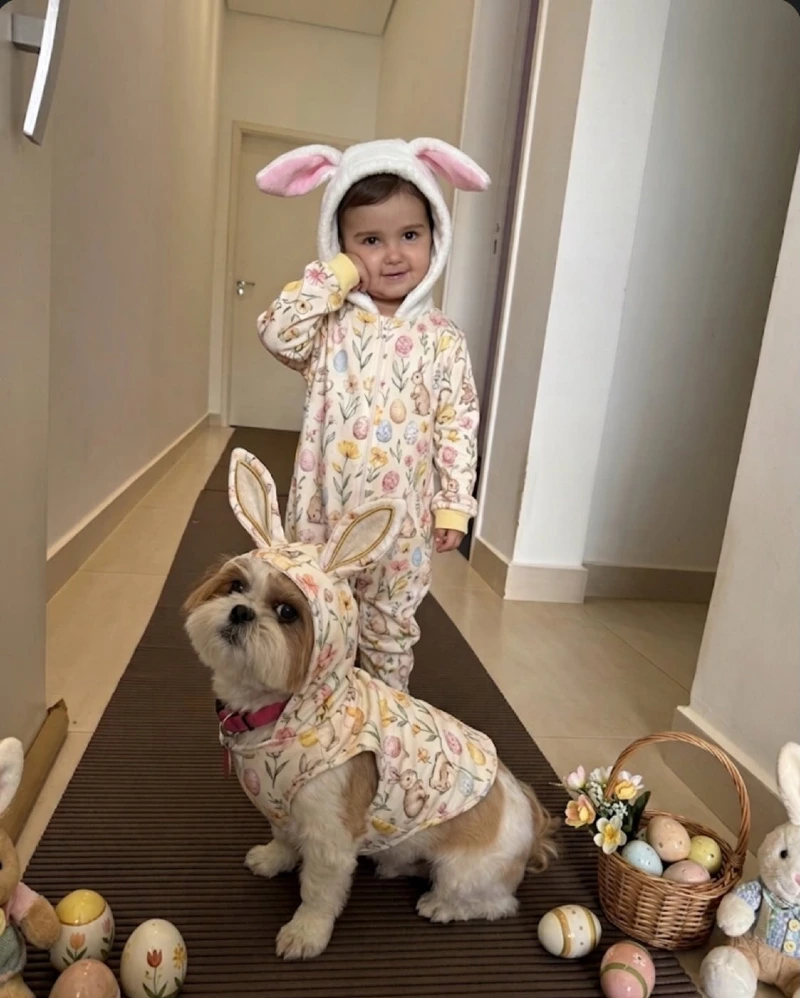 Matching Floral Bunny Vest and Toddler Onesie on a Shih Tzu