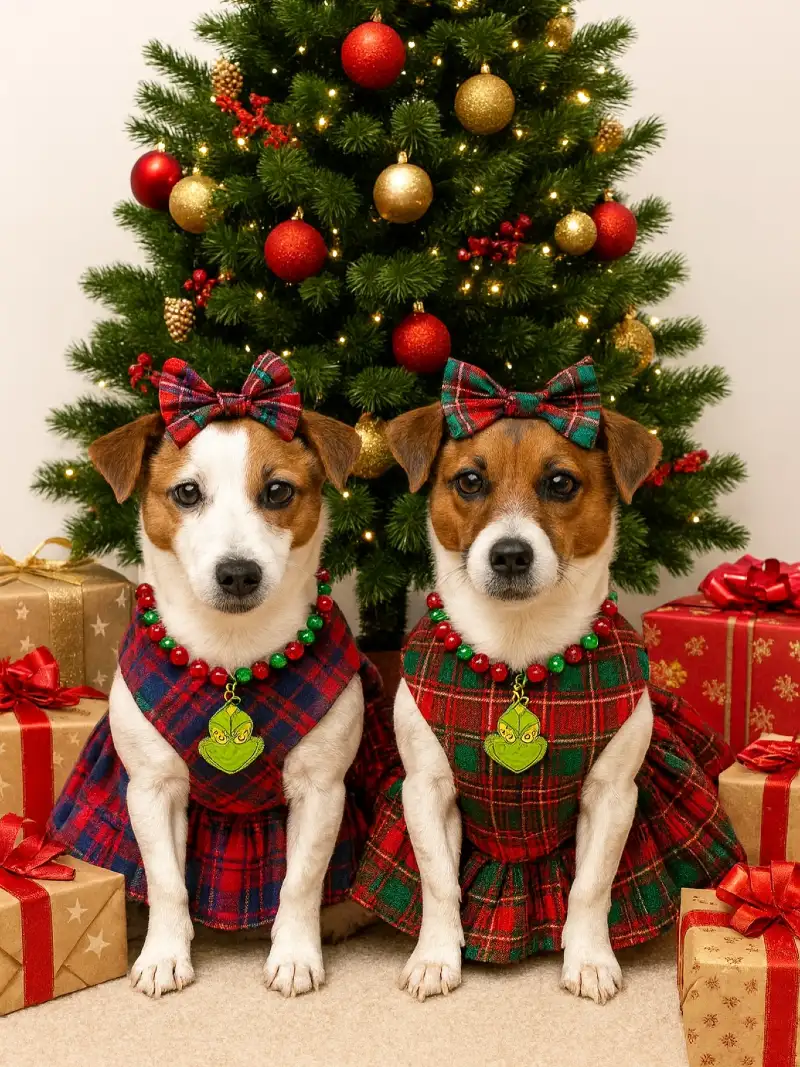 Matching Plaid Holiday Dresses with Grinch Face Collars