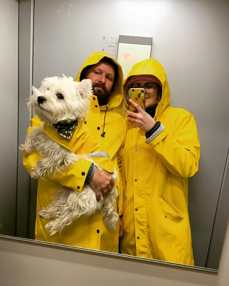 Matching Yellow Raincoats with a Westie in a Mini Rain Cape