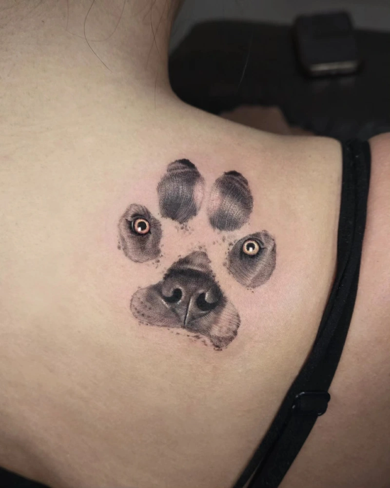 Micro-Realism Dog Portrait and Paw Print Tattoo on Shoulder
