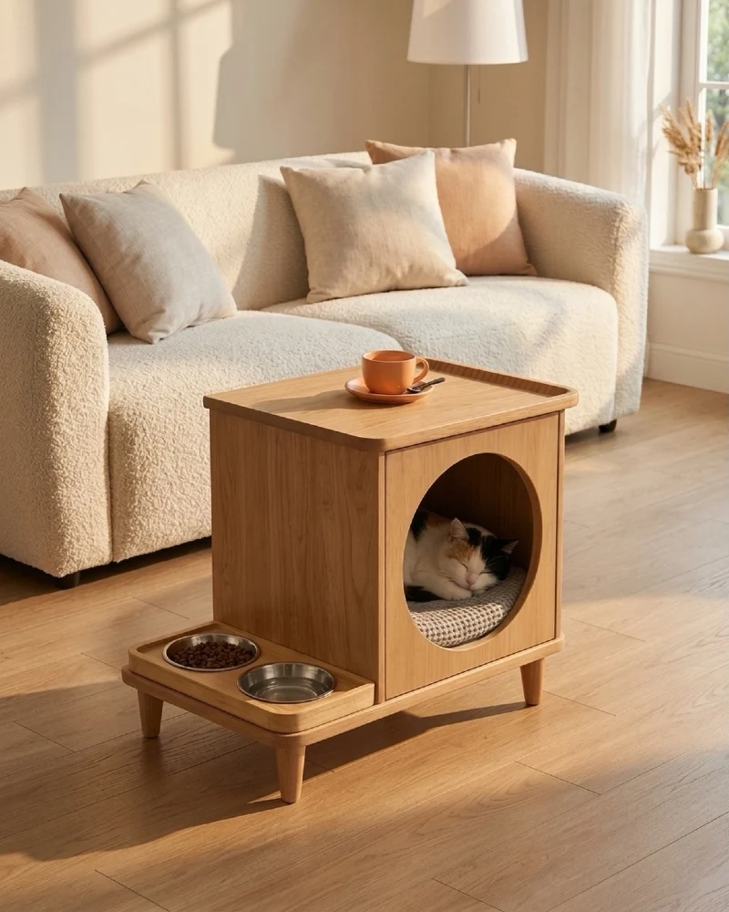 Mid-Century Oak End Table Cat House with Integrated Low Feeding Station