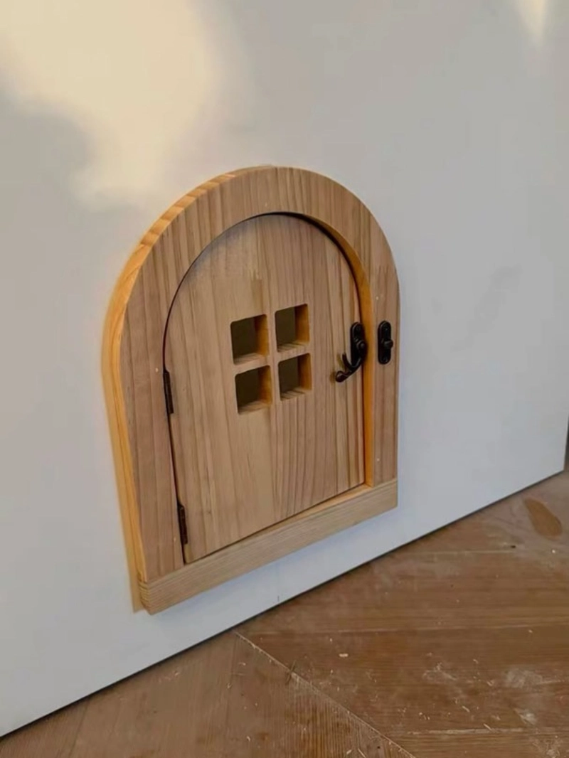 Miniature Arched Wooden Door with Window Cutout and Black Latch