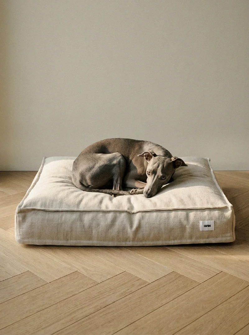 Minimalist Oatmeal Linen Mattress on Herringbone Oak