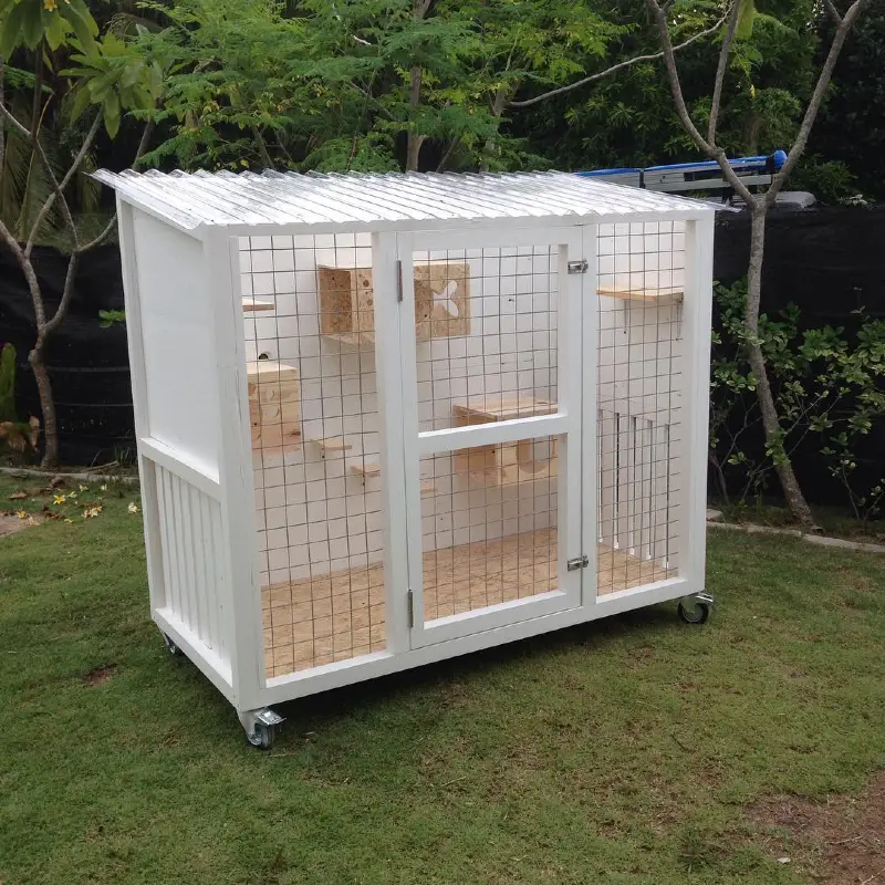 Mobile White Hano-Style Enclosure with Caster Wheels and OSB Nesting Boxes