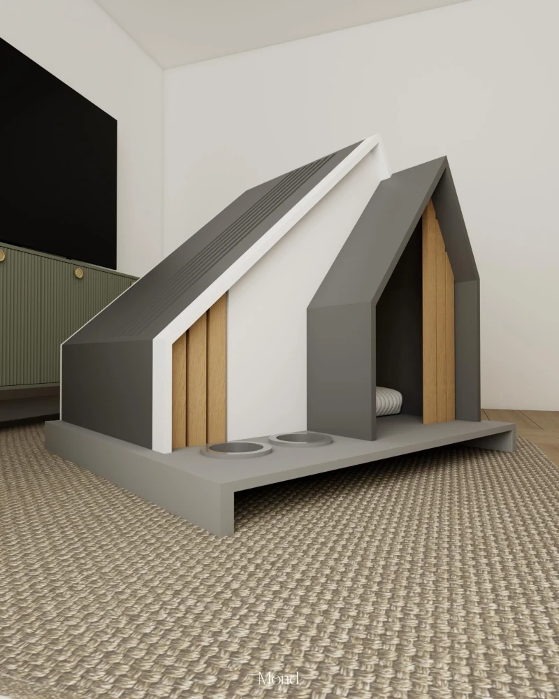 Modern Asymmetric Geometric Pet Station with Integrated Feeding Bowls